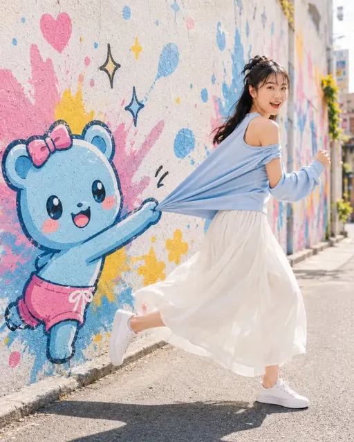 A young Japanese woman with a long black ponytail, wearing an off-shoulder ice blue top and a white flowing skirt, smiles back over her shoulder as a graffiti bear on a colorful al