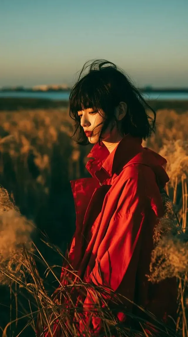 A person with short black hair and a crimson hooded coat stands in a vast field of golden reeds and wildflowers during golden hour, looking thoughtfully into the distance.