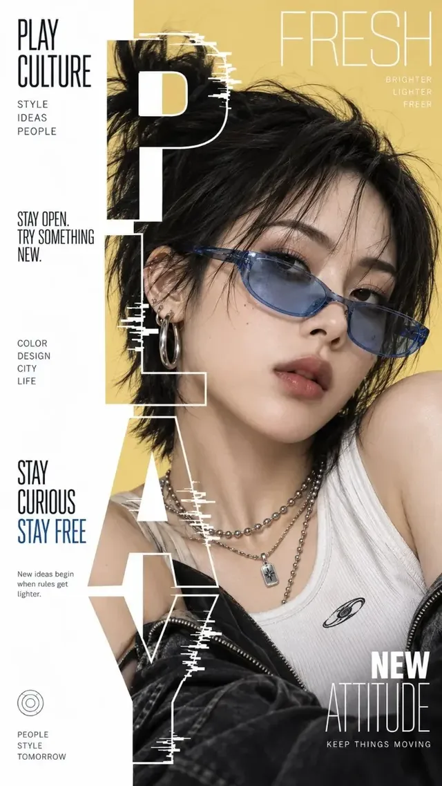 A modern fashion editorial poster with a split design. A large portrait dominates the right side, while the left features a clean white column. Oversized letters filled with the portrait image and glitch effects run vertically along the split.