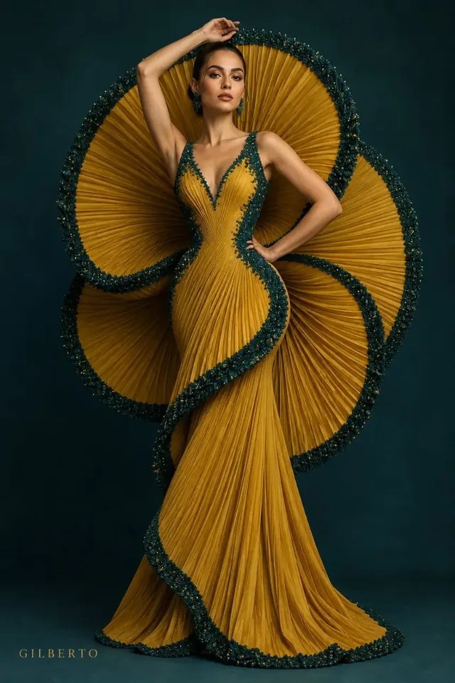 High-fashion studio portrait of a woman in an avant-garde mustard-yellow pleated gown with a dramatic spiraling fan frame against a moody teal background.