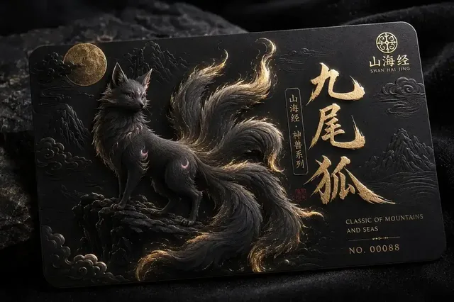 A high-end, black and gold embossed gift card featuring a detailed relief sculpture of a nine-tailed fox on one side and calligraphy on the other, presented with soft lighting on a dark background.