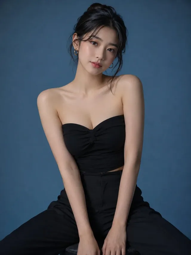Ultra-realistic studio fashion portrait of a young Korean woman with long black hair, wearing a black strapless top and trousers, posing on a stool against a royal-blue backdrop. Minimalist lighting, soft shadows, shallow depth of field.