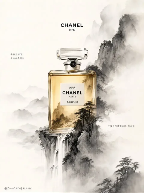 A hyper-realistic Chanel N°5 perfume bottle with a monochrome ink-wash landscape of mountains and mist seemingly emerging from the fragrance itself.