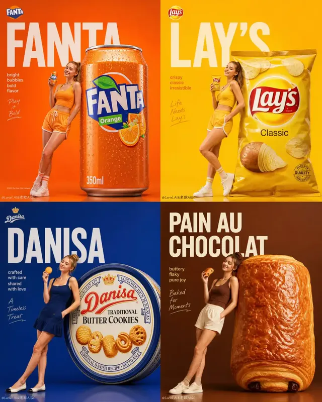 Four-panel commercial poster series with consistent layout: models lean on oversized Fanta, Lay's, Danisa, and Pain au Chocolat against minimalist colored backgrounds.