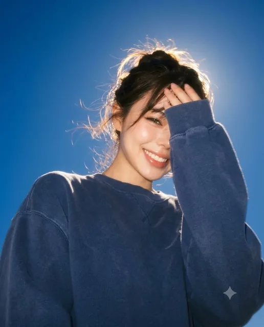 Extreme low-angle shot of a woman laughing, partially hidden by her arm, with motion blur and soft lighting.