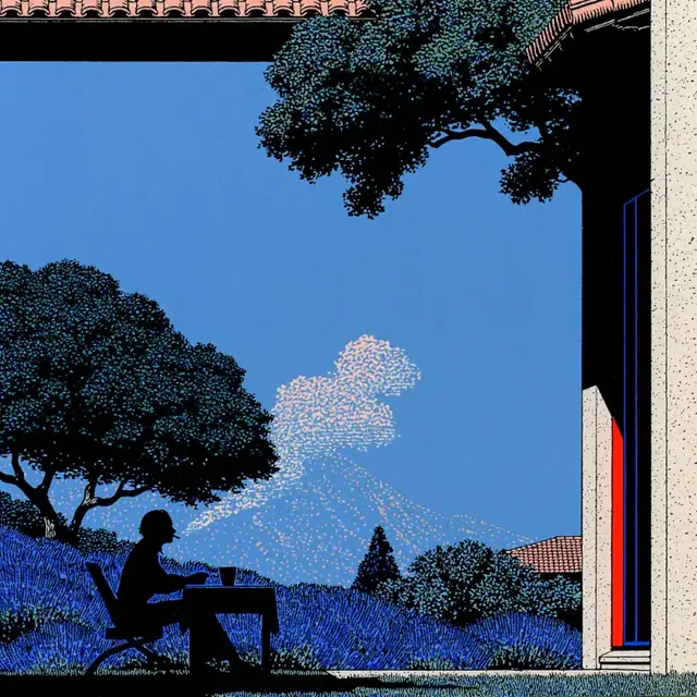 A graphic illustration of a person sitting at a table outdoors, with trees and a building in the background, rendered in a mid-century modern style with a blue sky and dot textures.