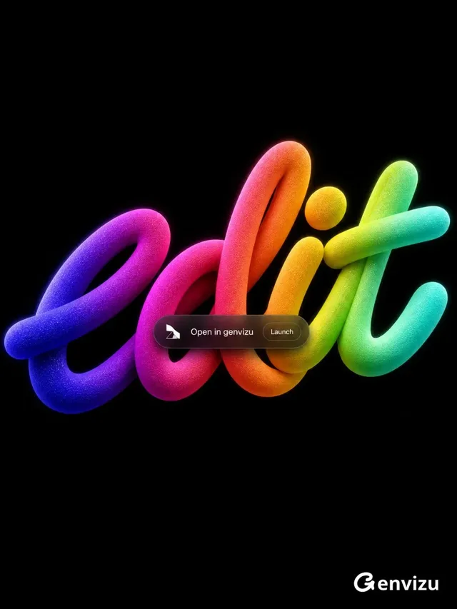 Minimalist 3D poster with the word 'edit' in a thick, fluid, handwritten style. The word is tilted and occupies the center of a pure black background. A vibrant gradient flows across the word from deep purple and electric blue to magenta, pink, red-orange, gold, bright cyan, and mint green. The surface has a fine glitter texture and soft glowing edges. A small, semi-transparent black capsule with 'Open in genvizu' and 'Launch' is overlaid in front of the word.