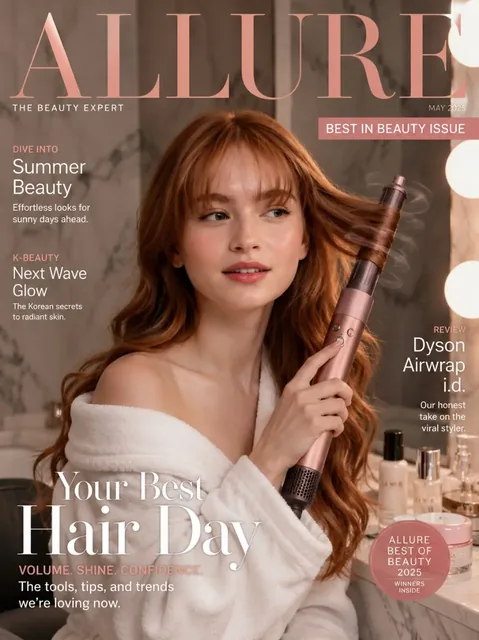 Ultra-realistic beauty magazine cover featuring a glamorous Korean woman styling her hair with a rose-gold Dyson Airwrap in a luxurious bathroom setting.