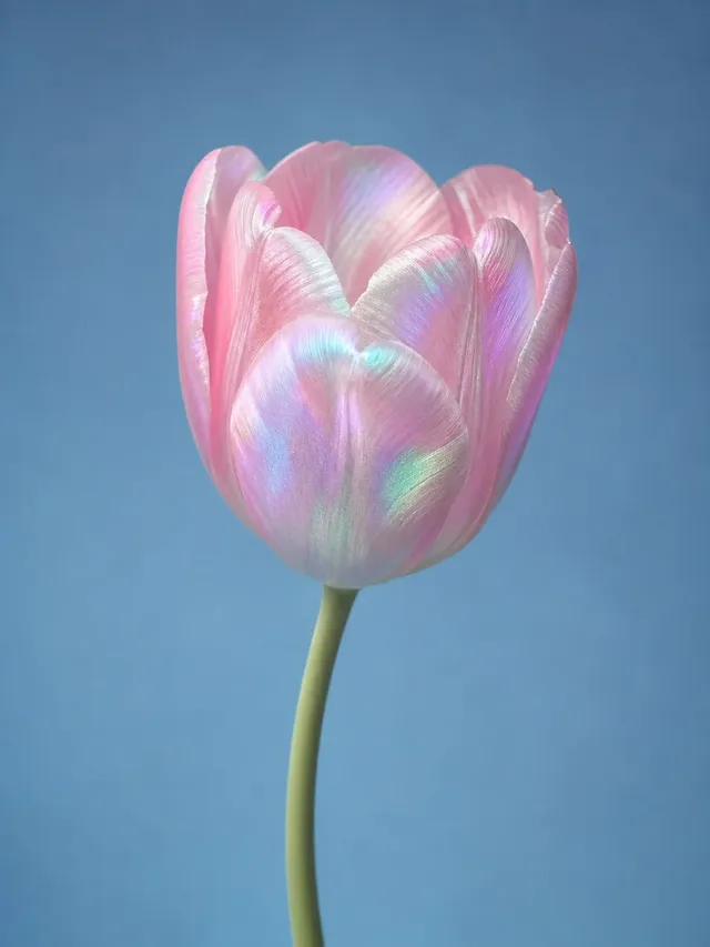 A single tulip with iridescent, silk-textured petals in soft pastel pink, mint, and lavender, set against a dreamy, soft blue background with ethereal studio lighting.