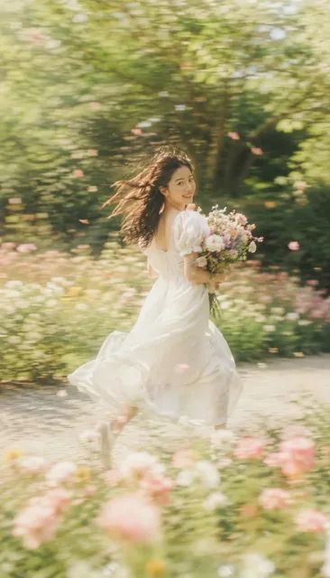 Young woman in a white dress, blurred motion, running through a spring garden with flowers.