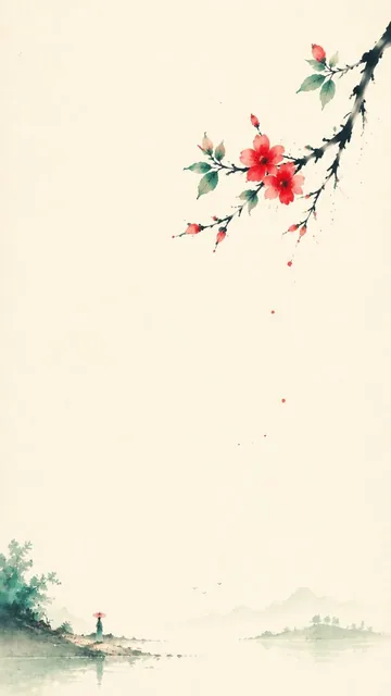 Minimalist illustration of a small figure beneath a branch of vibrant red flowers, with ample white space and subtle distant mountains.