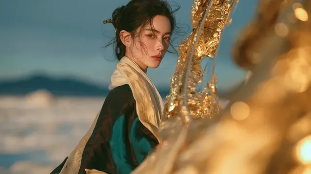 Wide cinematic landscape of an East Asian woman in a silk robe standing on a white salt plain next to a ruined circular stone observatory, with mountains in the distance and a violet-gray evening sky.