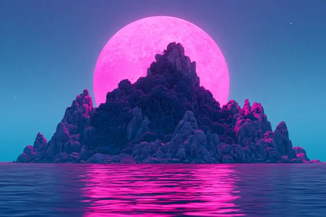 A sharp-edged rocky islet is silhouetted against a large, glowing magenta moon. The ocean reflects the moon's light with pink highlights. The style is synthwave digital art.