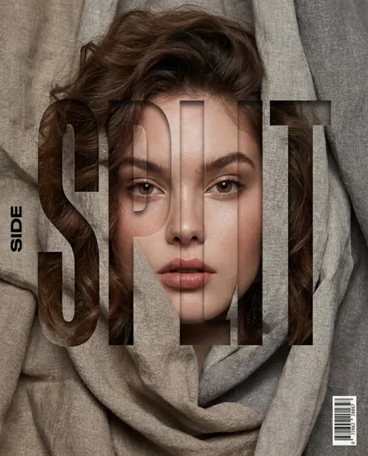 Vertical editorial poster portrait of a character with hair, face framed by crumpled fabric with bold typography spelling a word through letter openings, high-fashion lighting.