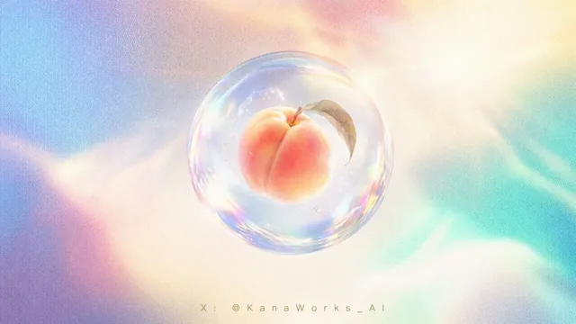 Minimalist art poster with a fresh peach suspended inside a transparent glass sphere, set against a soft rainbow gradient background with halftone dot texture and subtle backlighti
