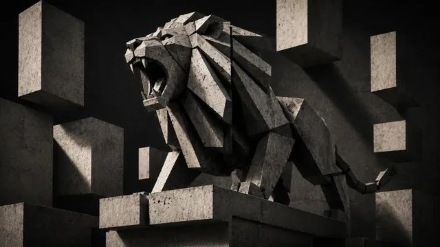 Monochromatic Brutalist geometric art with oversized floating blocks and sharp primitives.