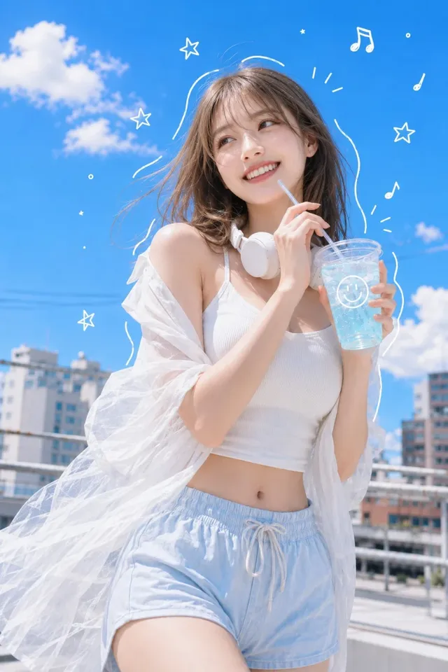 A young woman with milk tea brown hair smiles on a city rooftop, holding a blue ramune soda. She wears a white camisole and sheer shirt, with white headphones. Musical notes and stars float around her against a bright blue sky.