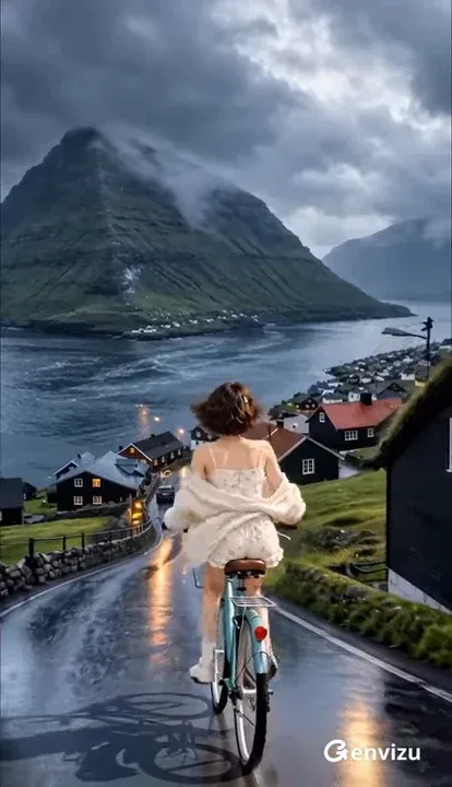 Young woman cycling downhill on a vintage bicycle through a wet village road, with a dramatic storm brewing over the mountains and water.