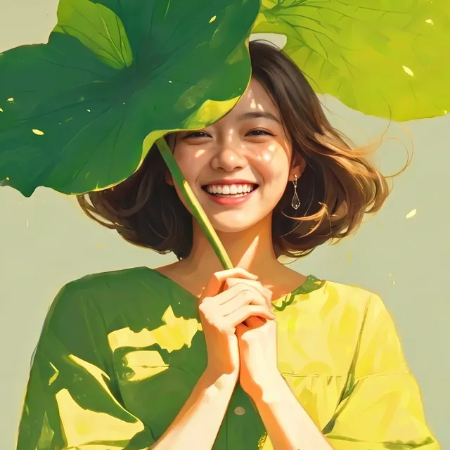 Medium close-up anime style portrait of a joyful young East Asian woman holding a massive green lotus leaf as a sunshade in bright summer light.
