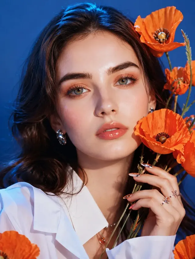 Shoulder-up ultra-realistic beauty portrait of a woman with Korean-inspired orange-coral makeup, soft waves, and delicate silver jewelry, framed by vibrant orange poppies against a soft blue backdrop with cinematic lighting.