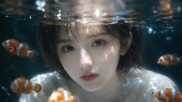 A serene Japanese anime girl with delicate features, partially obscured by a transparent water-like layer, with goldfish swimming around her.