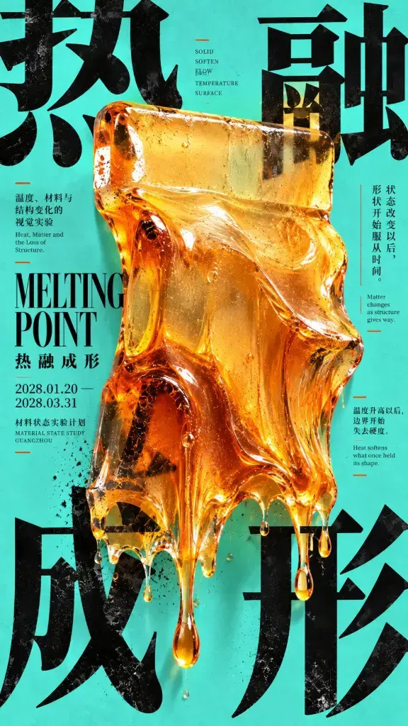 An experimental vertical poster showcasing corner-pressure Chinese typography and a dynamic fluid central material.