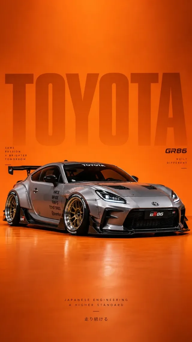 A low front three-quarter view of a glossy pastel pink Mazda RX-7 FD with pop-up headlights illuminated, against a dark studio background with dramatic pink lighting and cherry blossom petals.