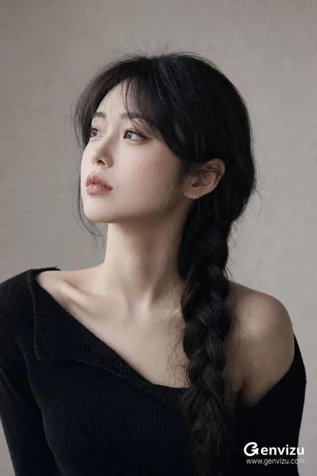Close-up portrait of a young East Asian woman with dark hair in a braid, looking thoughtfully into the distance. She wears a black knit top with one shoulder exposed. Soft, diffused light creates gentle shadows.