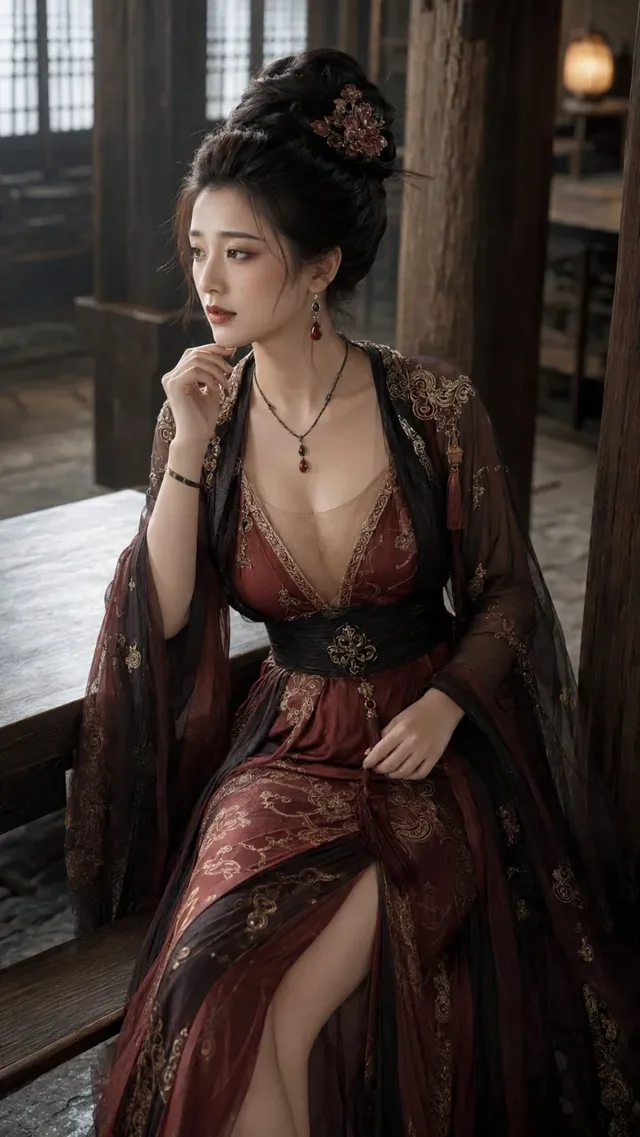 A 27-year-old Yang Guifei sits on a wooden bench in a dimly lit Mawei Station interior. She wears a dark red, black, and gold dress with subtle floral and cloud patterns. Her expression is weary and sorrowful, with a slight frown and downcast eyes. Faint light highlights her face and dress details.