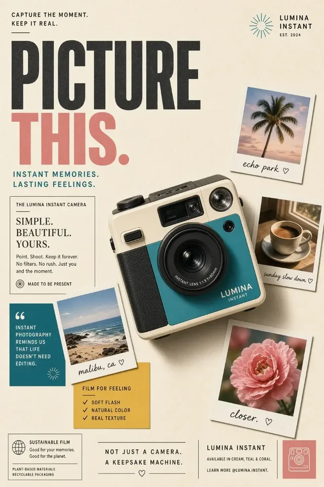 Social media post featuring a vintage instant camera on a cream background with teal accents, surrounded by scattered instant photo prints and modern typography.
