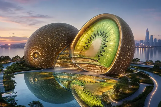 A sleek, modern building shaped like a fruit with glass curtain walls and reflective pools, set in a urban plaza at golden hour.