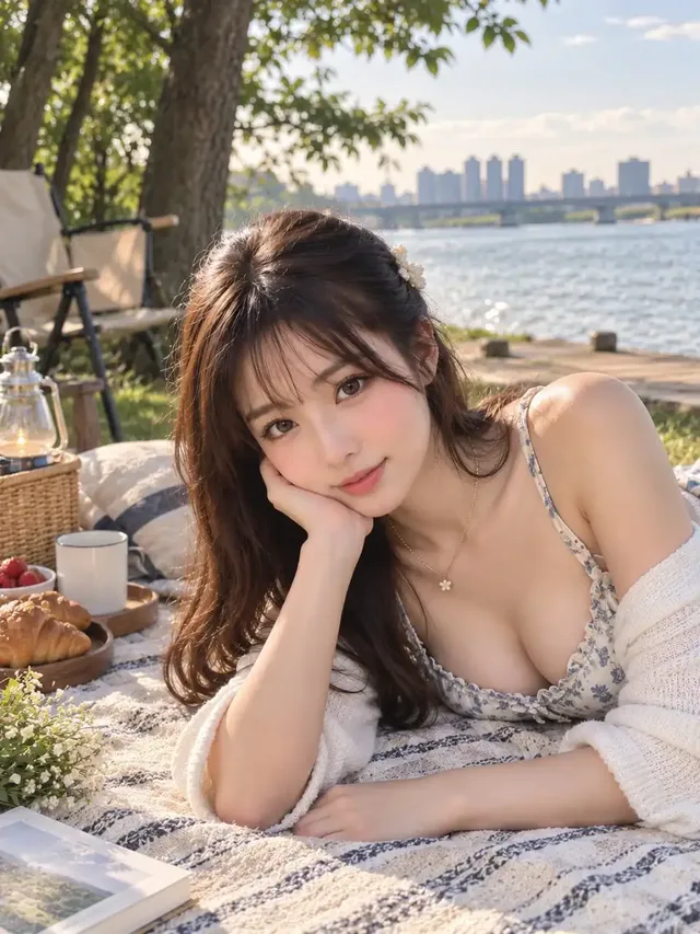 A young woman leaning on her hand with a croissant by the river during a morning picnic.
