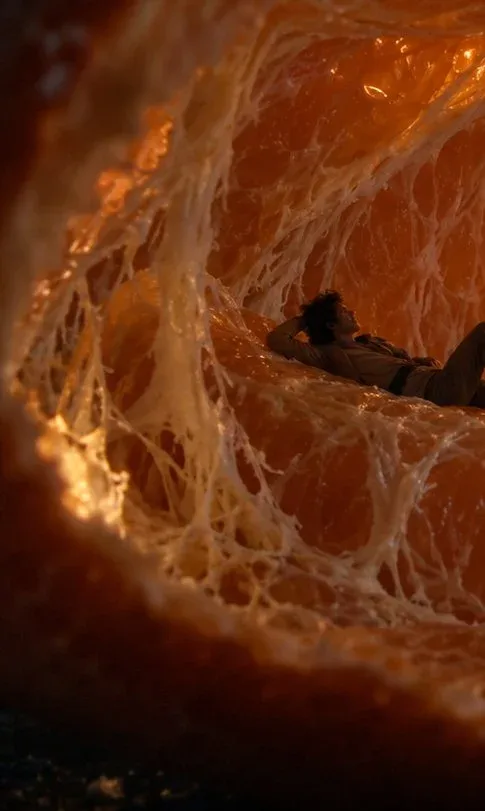 A macro cinematic photograph inside a peeled tangerine, showing tiny 2cm humans exploring citrus segments as architecture, with transmitted light creating a glowing dome.
