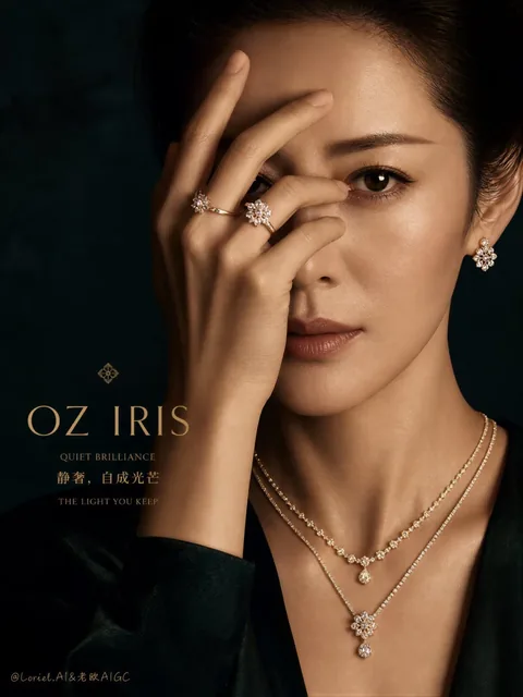 Close-up fashion portrait of a mature East Asian woman wearing OZ IRIS diamond rings, earrings, and necklace, with one eye visible and a hand artfully covering part of her face.