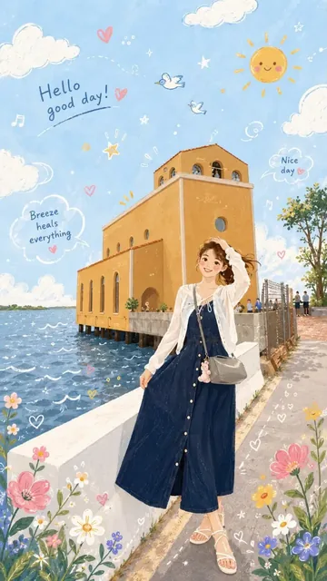 A person depicted in a folk flat illustration style, with rounded features, rosy cheeks, and a gentle smile, surrounded by whimsical elements like flowers and butterflies.