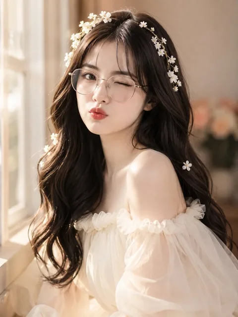 Ultra-realistic portrait of a woman with identical facial features, wearing an off-shoulder ivory chiffon dress, round glasses, and a white floral hair vine, standing in a bright hallway with soft golden sunlight.