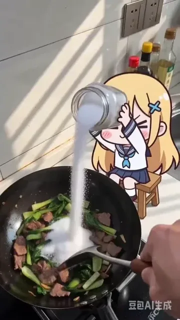 POV cooking scene with a 2D anime sticker character dumping salt into a real wok, followed by comical reactions and the character being force-fed salt and passing out.