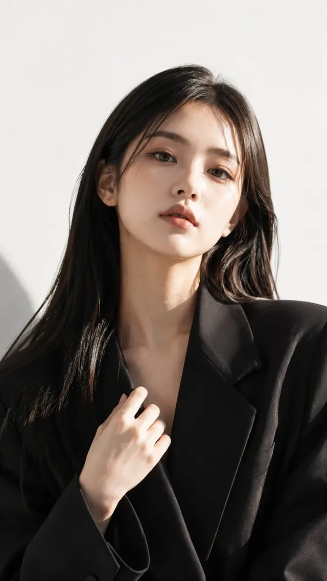 Ultra-realistic chest-up editorial portrait of a woman with long straight hair, wearing a black blazer, looking confidently at the camera against a clean white background with soft side lighting.