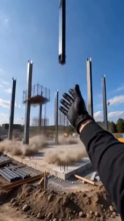 First-person view of a construction site with hands in the foreground directing the rapid, magical assembly of a reinforced concrete and steel building under a bright blue sky.