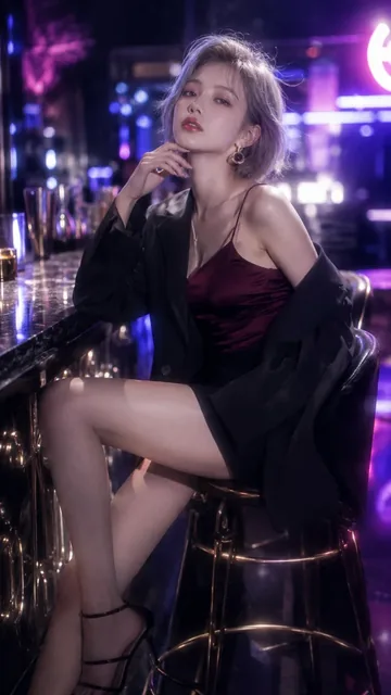 Young Taiwanese woman with short bob haircut, wearing a suit jacket off her shoulder, posing in a dimly lit bar with neon lights.