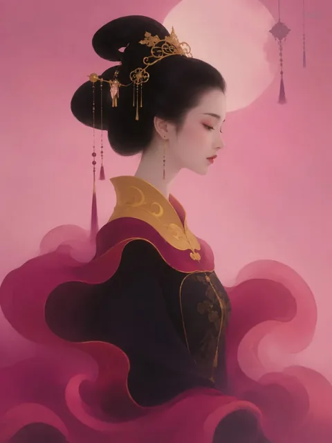 Profile of an elegant young Chinese woman with pale skin and dark hair in an ancient updo, wearing a dramatic burgundy and black fantasy hanfu-inspired robe with golden collar.