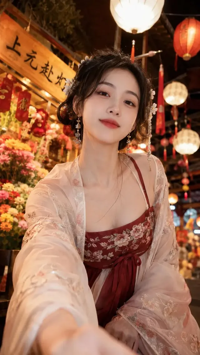 A young East Asian woman with clear features and a gentle smile leans towards the camera, her traditional red top and sheer outer garment subtly detailed. Her hair is styled with ancient Chinese accessories. The background is a softly blurred lantern festival scene with warm lights.