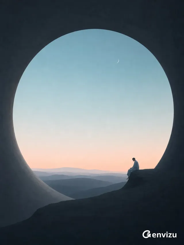 A minimalist, surreal digital illustration. A large circular opening in a dark cave wall reveals a gradient sky from ice blue to peach. Rolling dark blue-grey hills lead to a platform where a small, slender figure sits contemplating. A tiny white crescent moon is visible.