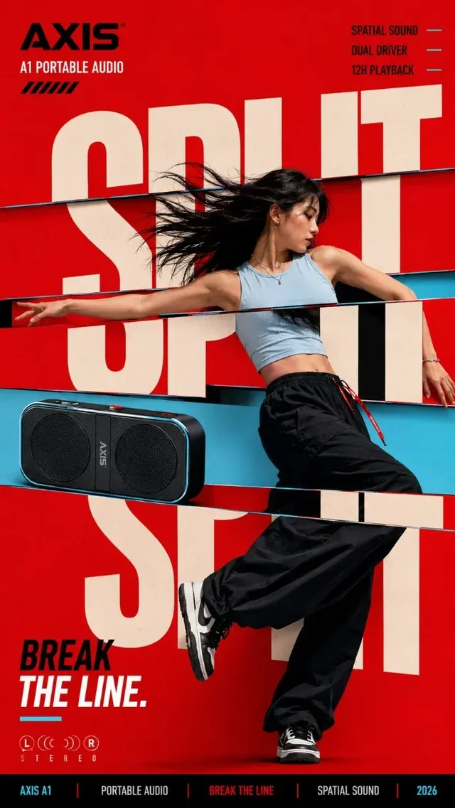 An editorial campaign poster where large typography behaves like a physical material, interacting with a subject. Features bold colors and realistic commercial photography.
