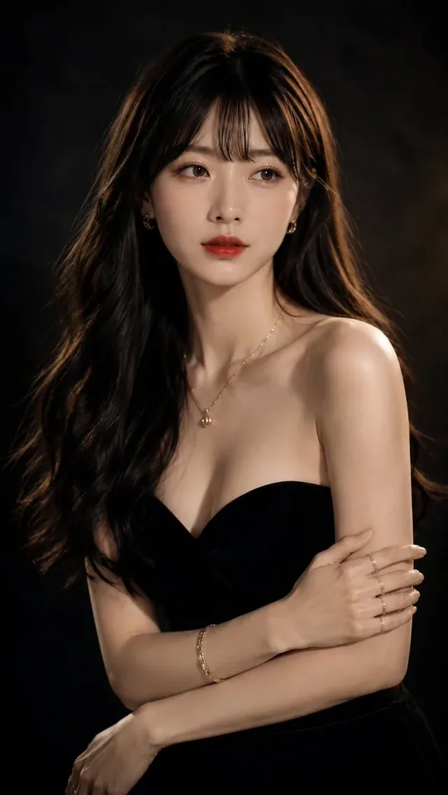 Half-body portrait of a young East Asian woman with dark curly hair, wearing a black off-the-shoulder dress and gold jewelry. She has a calm, elegant expression and looks away from the camera. The background is a dark studio.
