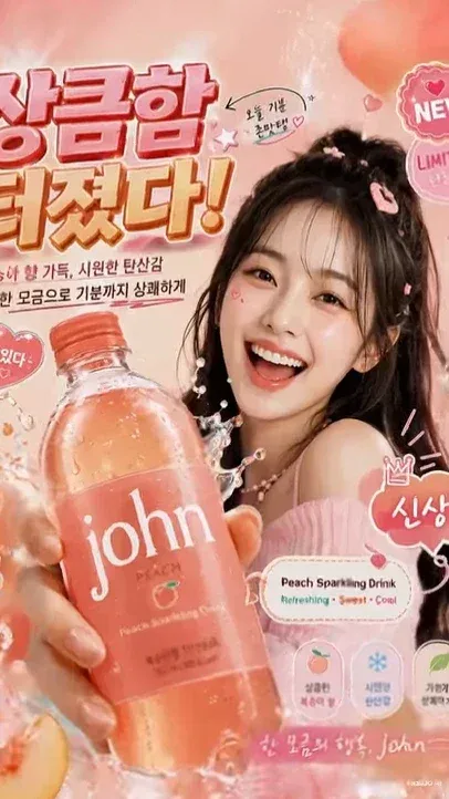 Commercial ad for 'john PEACH' sparkling peach drink, showing a Korean girl, dynamic text, and product shots with peach and ice elements.