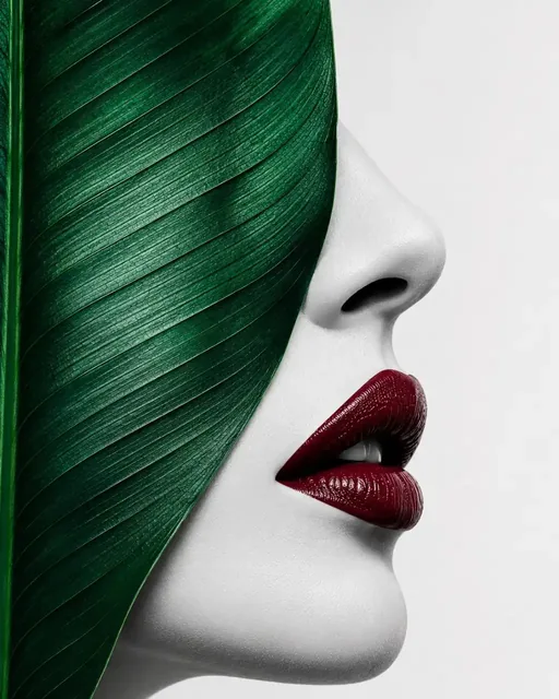Surrealist digital art close-up of a white female face profile. A detailed blue leaf merges with the left side of the face, covering the eye and cheek. Vivid red lips are slightly parted, showing teeth.