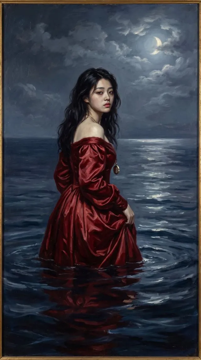 An oil painting of a woman in a deep crimson satin dress standing waist-deep in a dark midnight sea under a crescent moon, with visible brushstrokes and a gold frame.