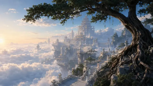 Epic wide-angle view of a grand celestial palace complex with ancient Chinese architectural elements, floating serenely in a sea of clouds, bathed in soft, ethereal light.