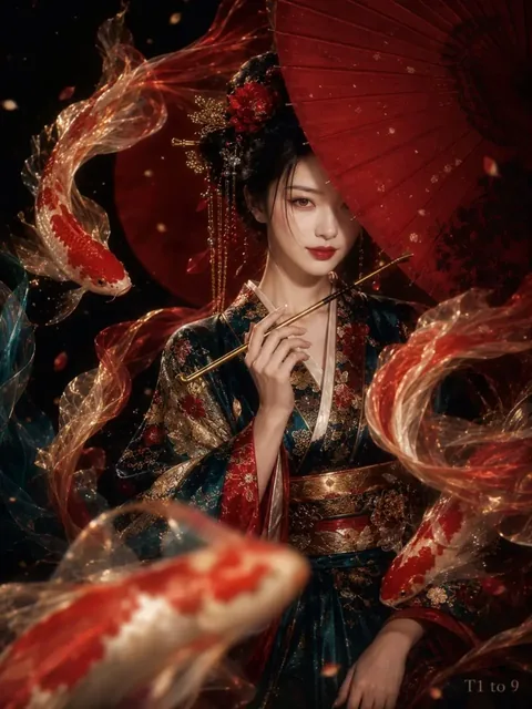 A striking, elegant East Asian woman with dark hair and red lips, wearing a dark, ornate kimono, surrounded by flowing silk koi and dramatic, colorful fins, holding a traditional k